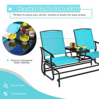 2-Person Outdoor Bench Glider Chair With Center Table, Mesh Fabric, 57 x 28 x 38 in