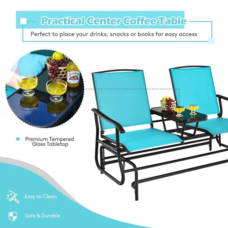 2-Person Outdoor Bench Glider Chair With Center Table, Mesh Fabric, 57 x 28 x 38 in