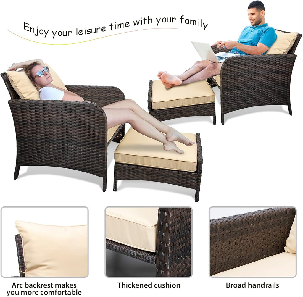LEVELEVE 5 Piece Patio Conversation Set With PE Wicker Rattan, Cushions, 2 Ottomans And Glass Table