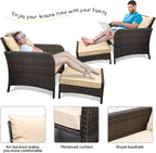 LEVELEVE 5 Piece Patio Conversation Set With PE Wicker Rattan, Cushions, 2 Ottomans And Glass Table