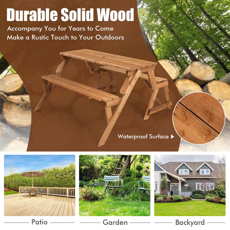 2-in-1 Convertible Fir Wood Picnic Table And Garden Bench, 4-Person, Dark Golden Brown - 56 x 53 x 30 in
