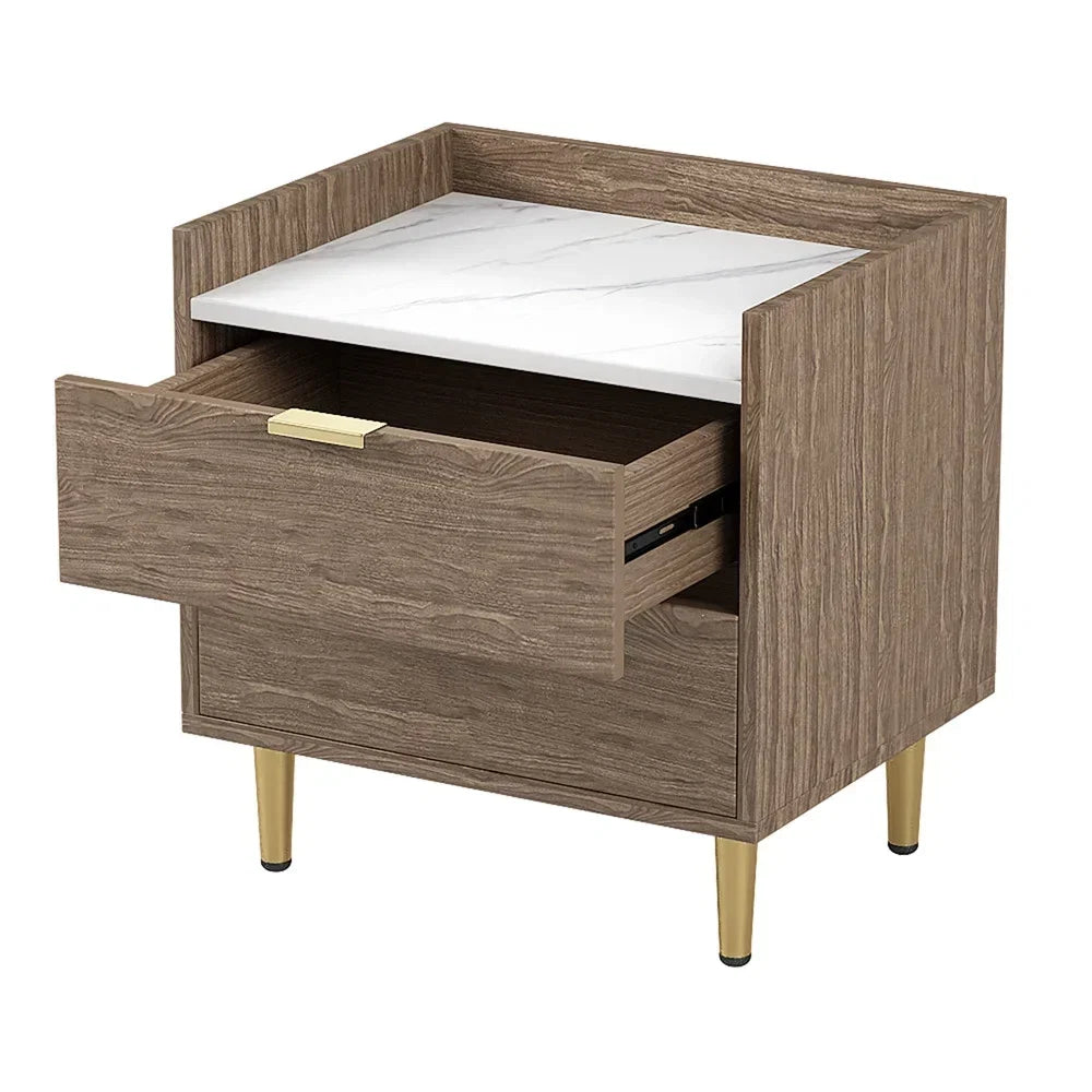 Ecarpat 2-Drawer Nightstand With Metal Legs And Marbled Worktop - 19.7in x 15.8in x 21.3in