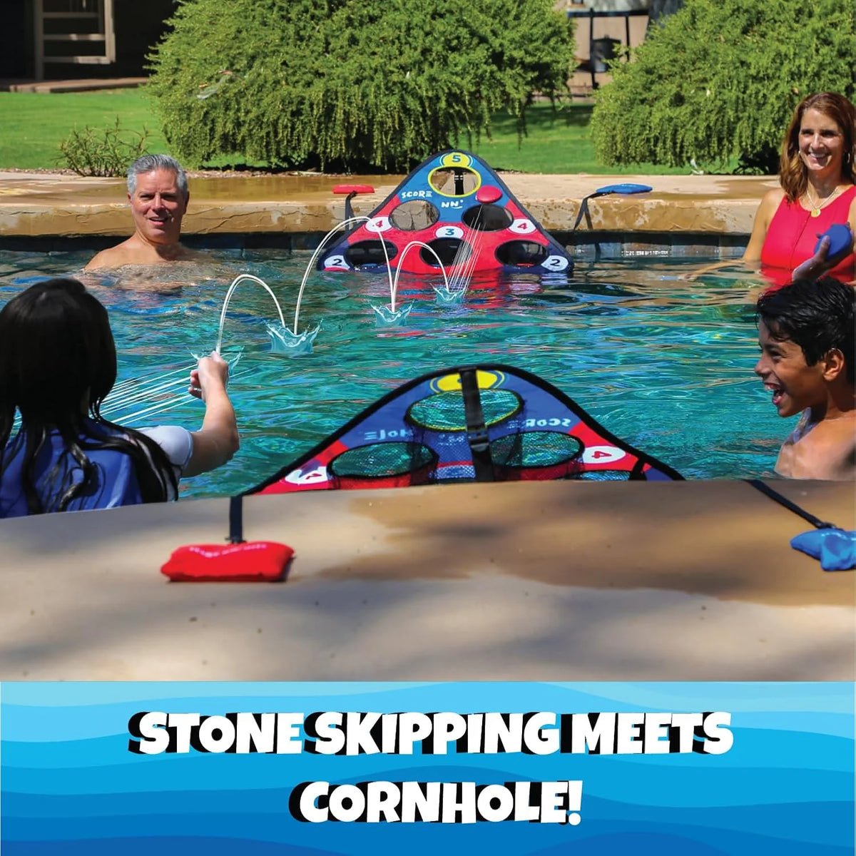 Floating Pool Cornhole Game, Foam, 30 x 26 x 15 Inches, 10 Pieces, Red Blue Black