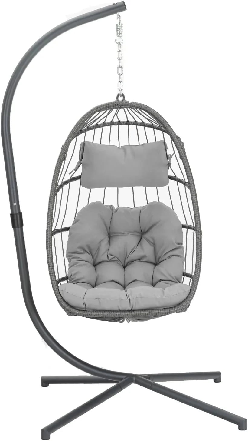Yechen Indoor Outdoor Wicker Hanging Egg Chair With Stand, 38 x 38 x 78 Inches, 350 lbs, Charcoal Grey - EG-001