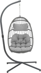 Yechen Indoor Outdoor Wicker Hanging Egg Chair With Stand, 38 x 38 x 78 Inches, 350 lbs, Charcoal Grey - EG-001