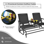 2-Person Outdoor Bench Glider Chair With Center Table, Mesh Fabric, 57 x 28 x 38 in