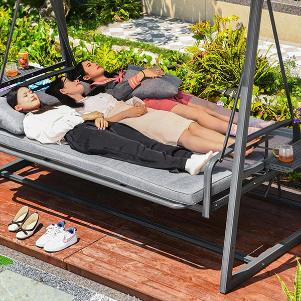 Outdoor Swing With Removable Canopy And 4 Grey Pillows