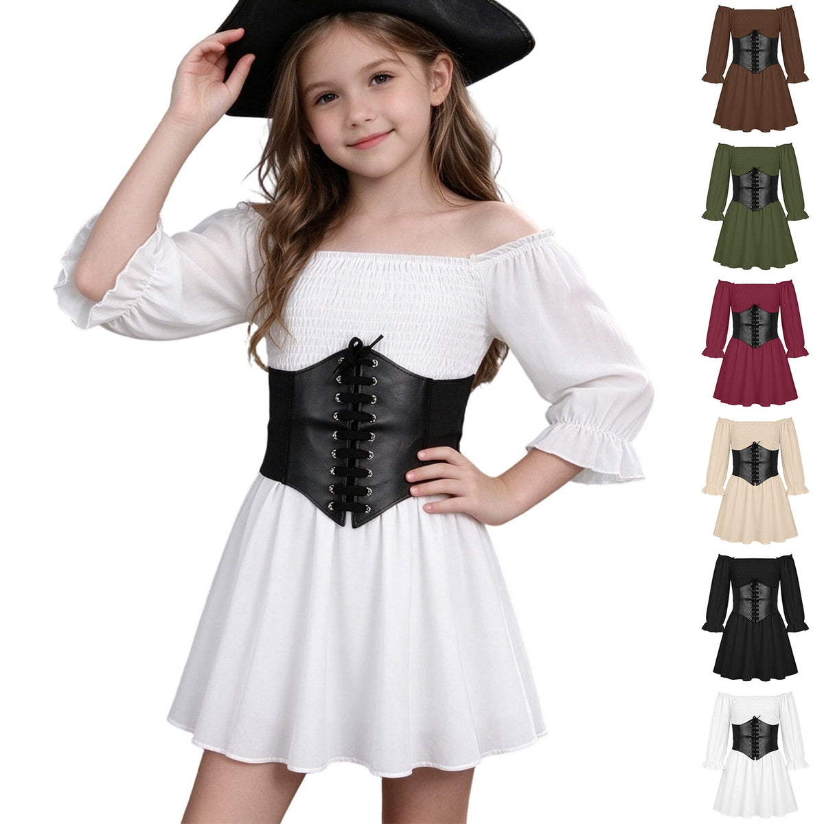 Kids Off the Shoulder Pirate Dresses with Sash Two Piece Set Pirate Costume Halloween Cosplay Halloween Costume Kids Size 4-14 Years