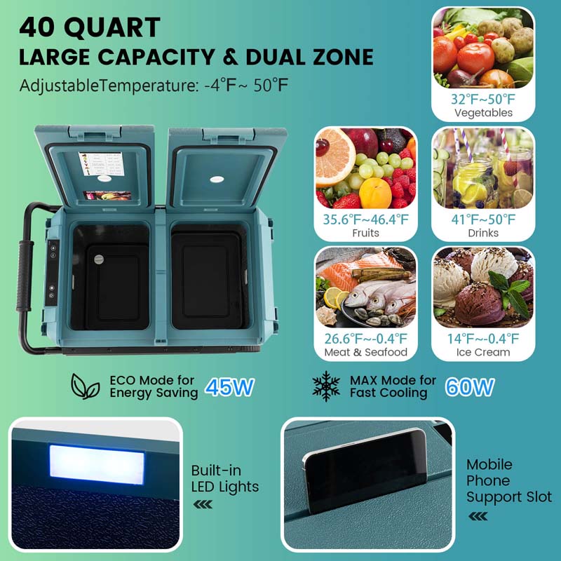 40-Quart Dual-Zone Portable Car Refrigerator Cooler Freezer With Wheels
