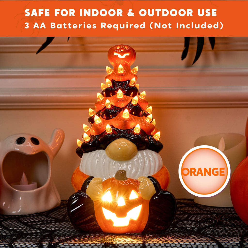 Joyfy 8.5 inch Halloween Decorations Ceramic Gnome Tree Decorations with Build-in LEDs, Light Up Pumpkin Table Decor Bedroom Indoor Centerpieces for Tables