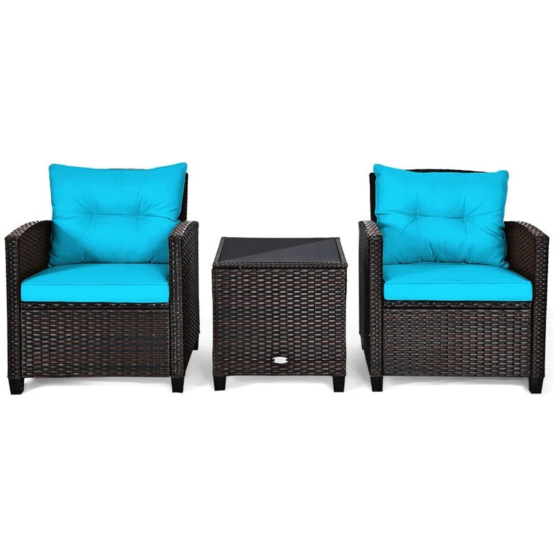3-Piece Rattan Patio Conversation Set With Cushions And Coffee Table