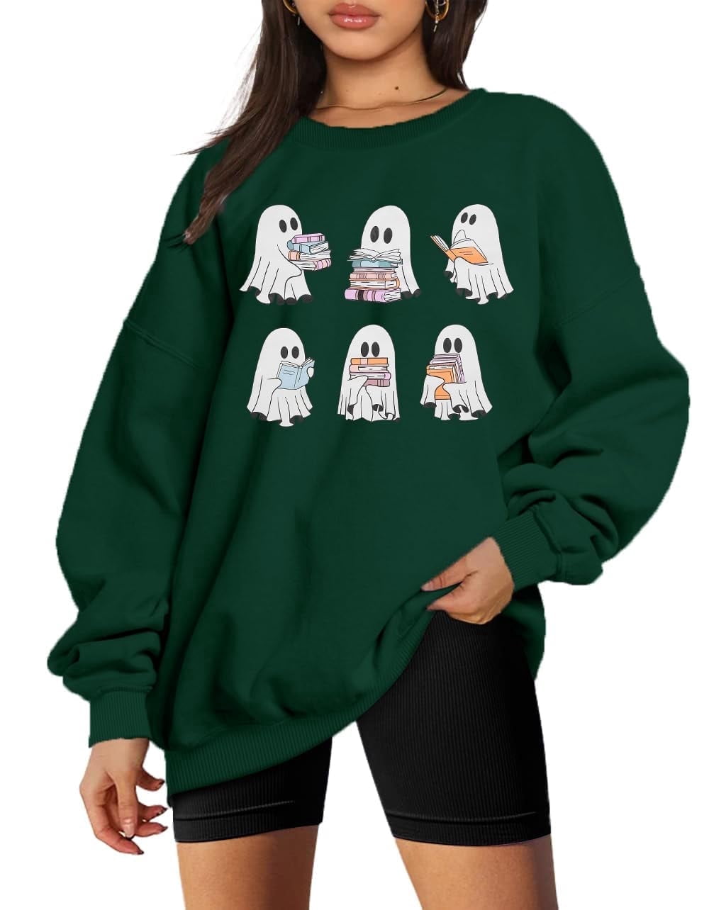 KimSoong Halloween Sweatshirts for Women Ghost Reading Books Sweater Cute Spooky Bookish Shirt Fall Pullover Tops