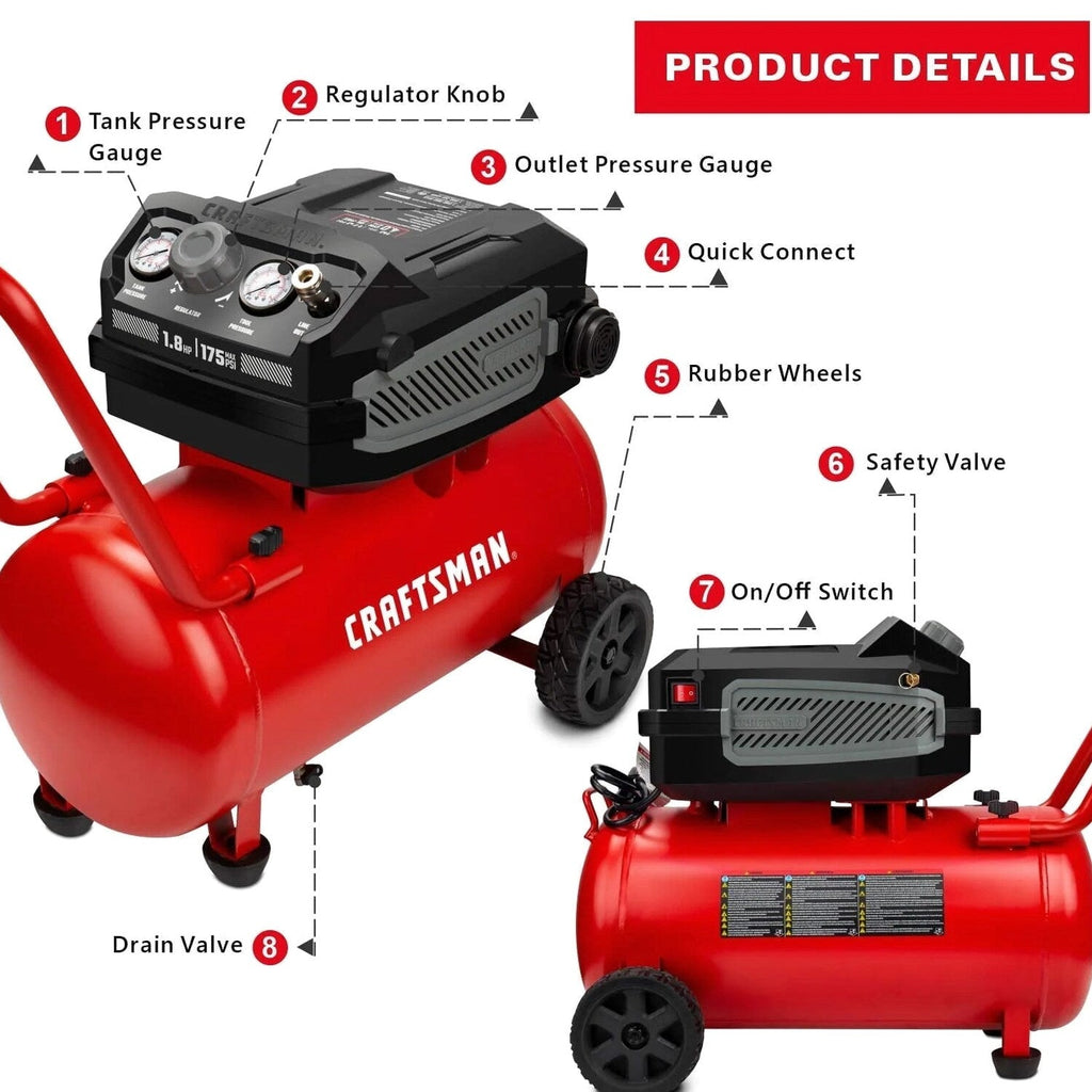 CRAFTSMAN Oil-Free Portable Air Compressor, 10 Gallon 1.8 HP 175 PSI 4.0 CFM@90PSI - CMXECXA0201041