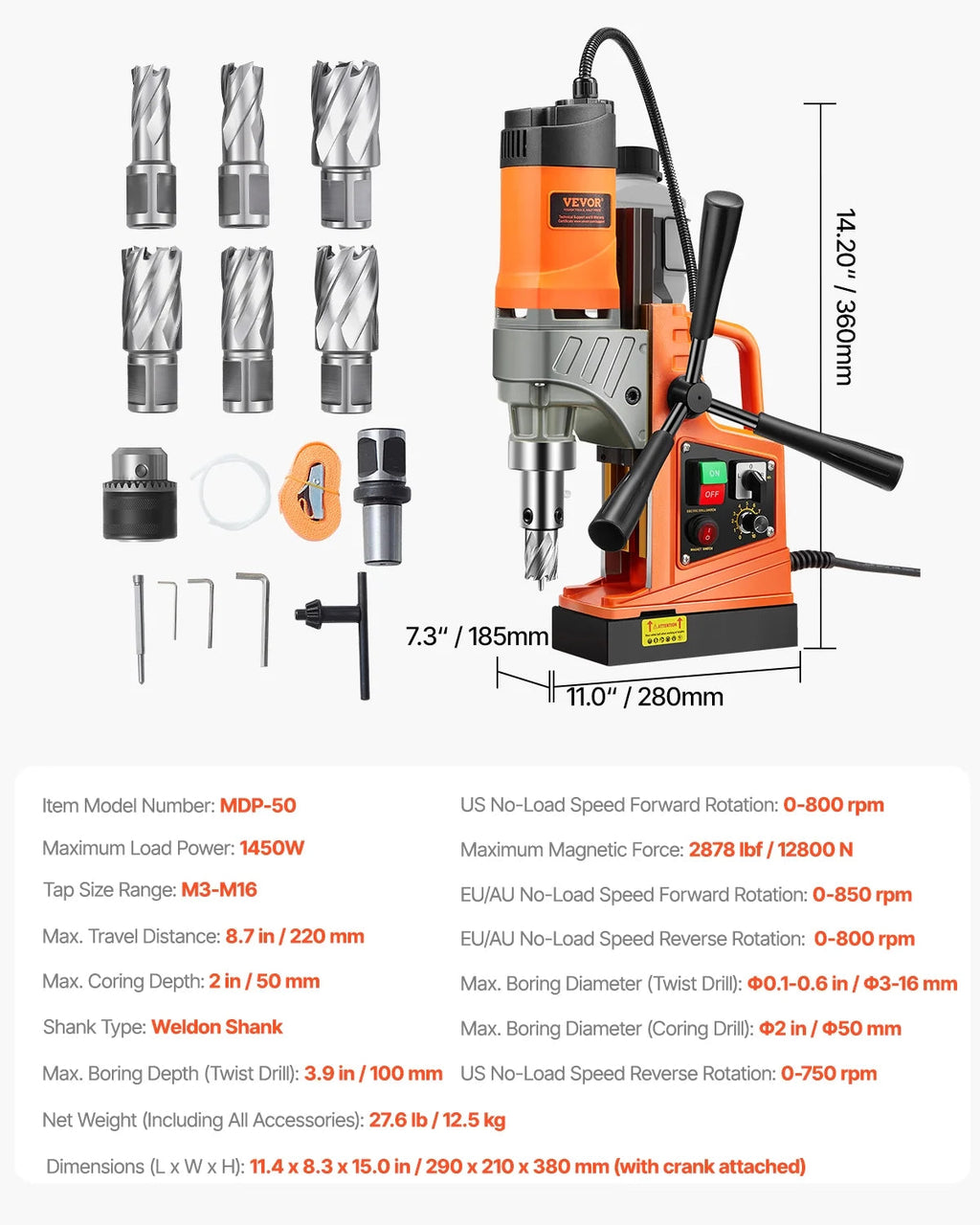 VEVOR Magnetic Drill Press 1450W, 2 in Boring Diameter, 2878 lbf, 6 Coring Bits - MDP-50