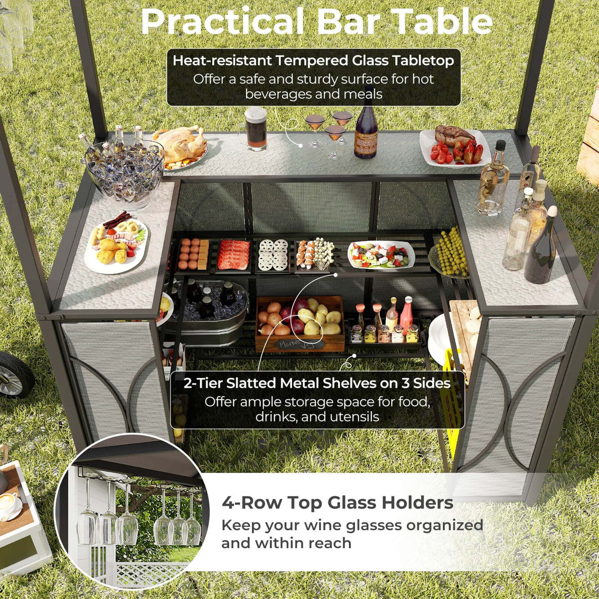 Costway 3-Piece Grill Gazebo Bar Set With 2 Bar Stools And Tempered Glass Top - Grey