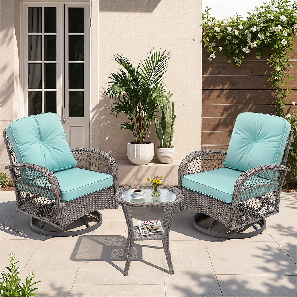 3-Piece Patio Swivel Rocking Chair Set With Glass Top Table - 2 Chairs