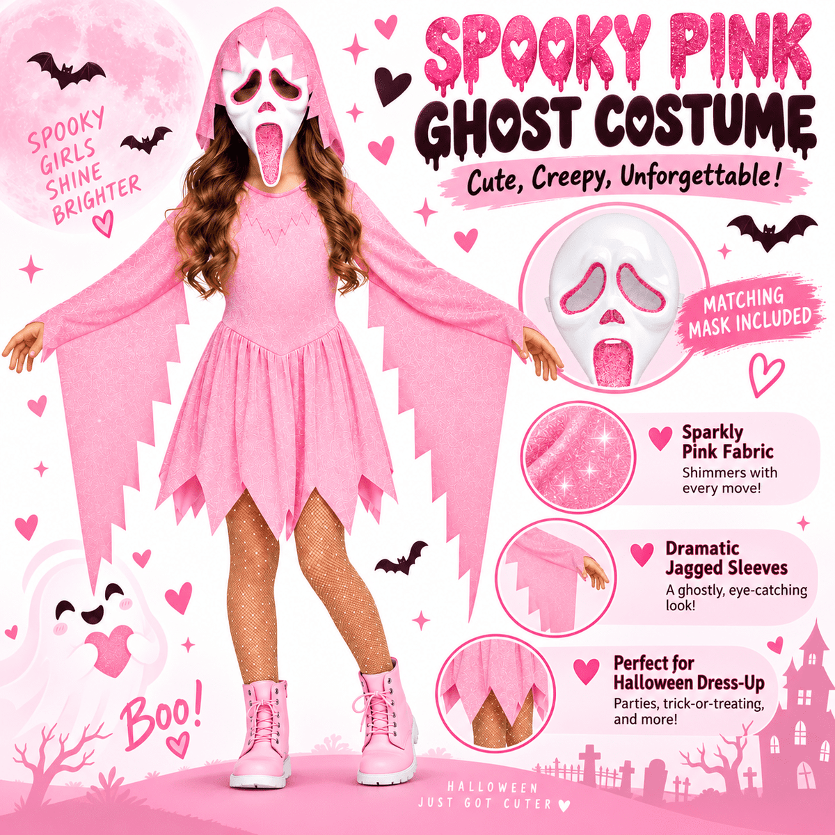 Pink Glitter Ghost Halloween Costume for Girls, Hooded Cosplay Dress with Mask, Spooky Horror Party Outfit