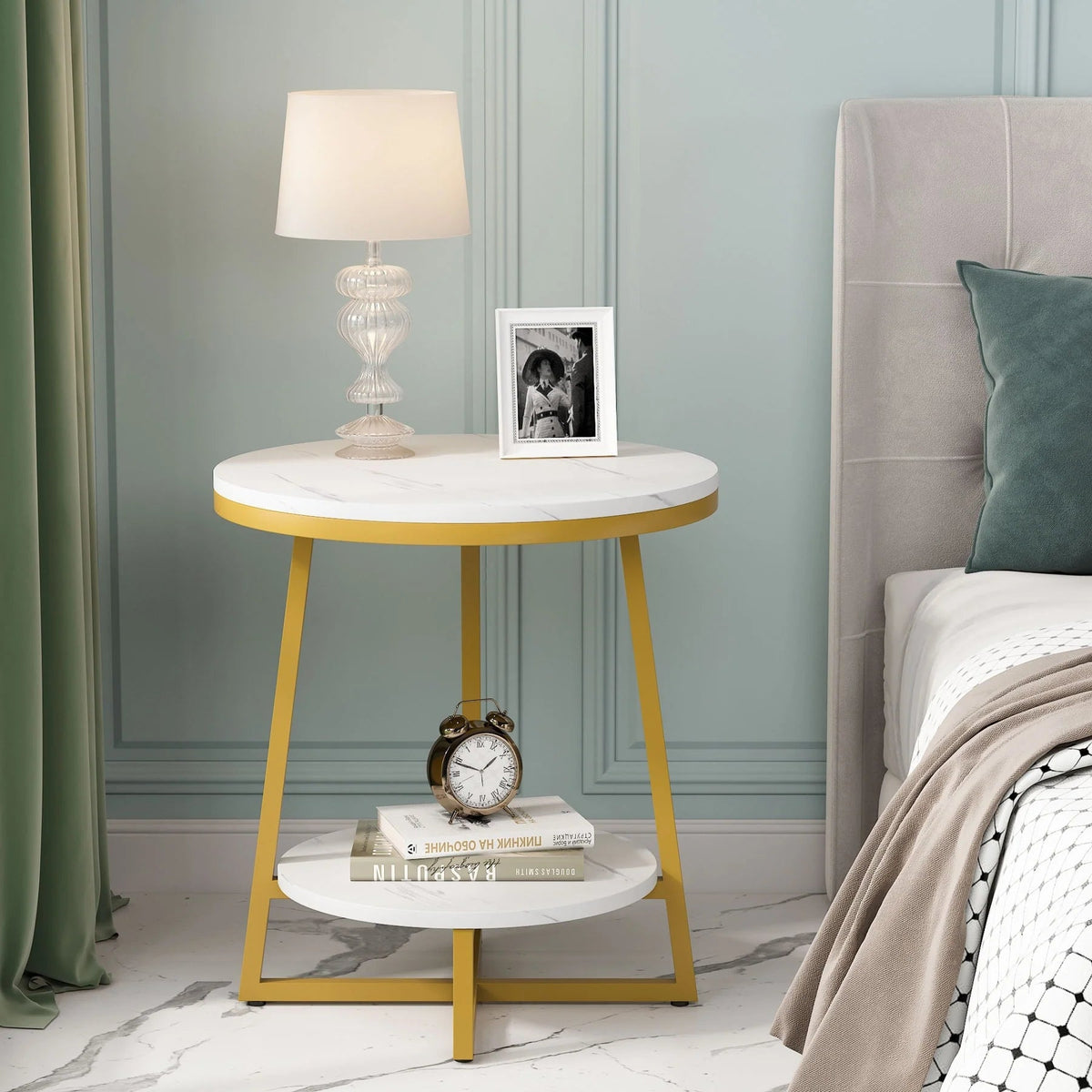 Industrial Round End Table With 2-Tier Storage