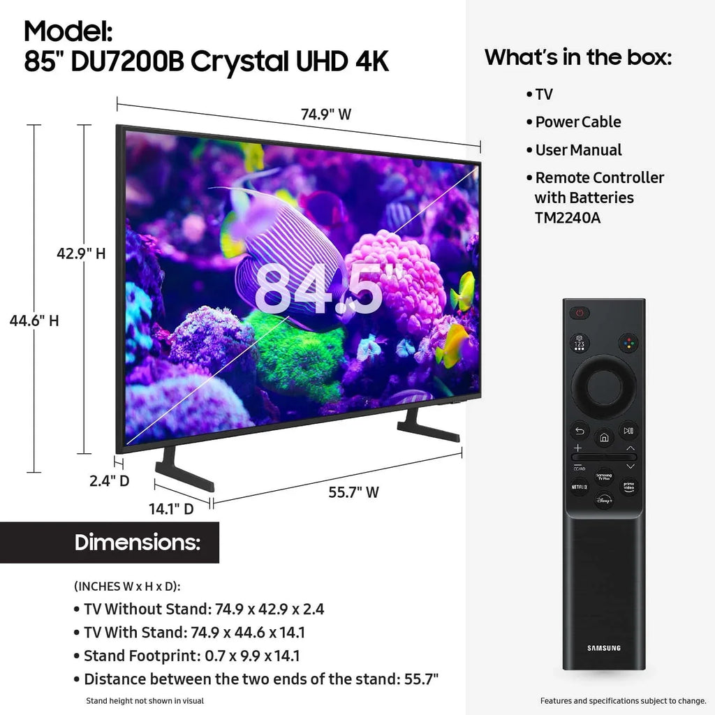 Samsung 85 Inch Crystal UHD 4K Smart TV With PurColor, HDR And Tizen OS - DU7200B
