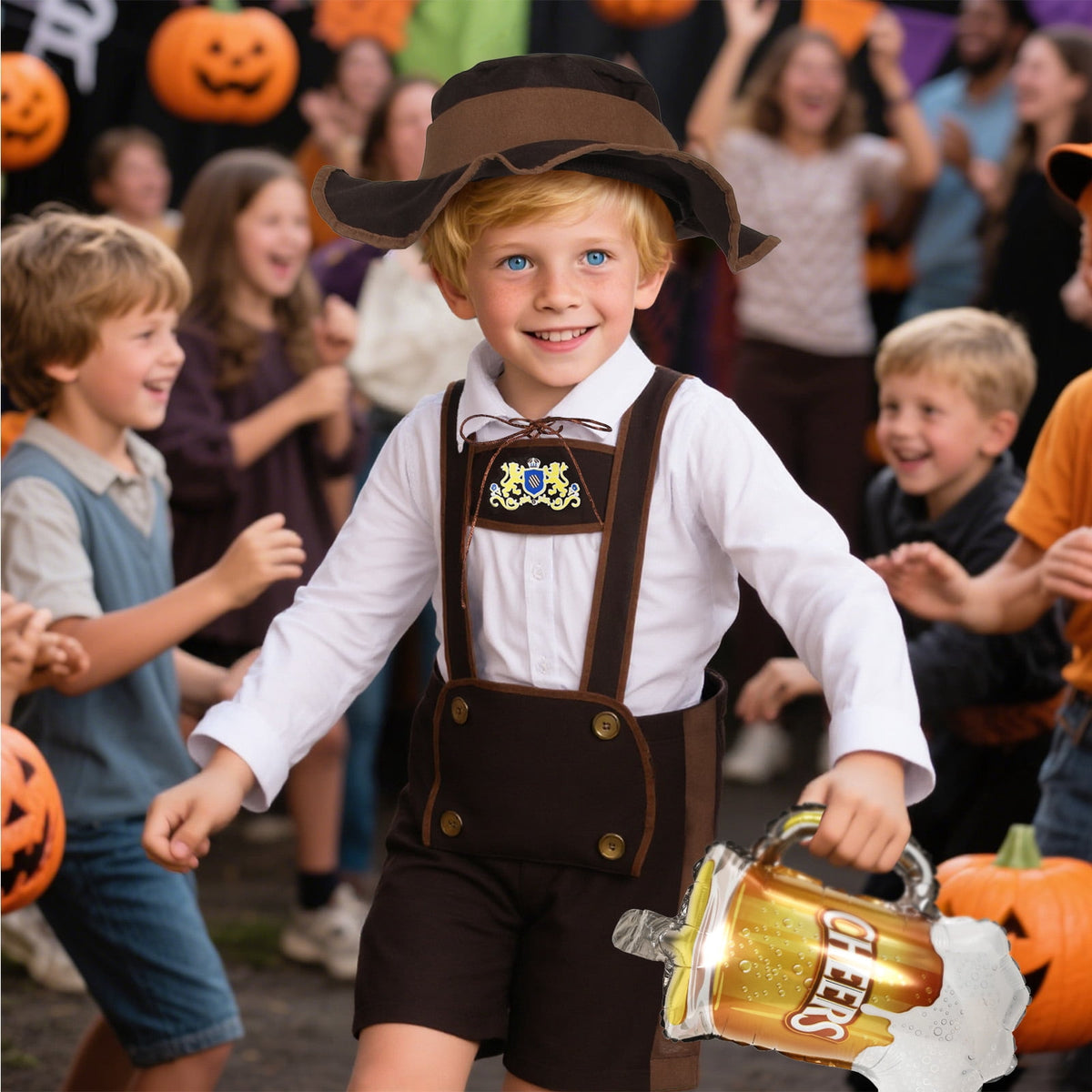 4 Piece Boys Oktoberfest Bavarian Costume Lederhosen Outfit with Hat & Beer Balloon for Traditional Halloween Party Cosplay
