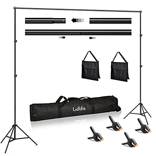 Lidlife Adjustable Photography Backdrop Stand Kit, 6.5 x 10ft - With 4 Spring Clamps, Sand Bag And Carry Bag