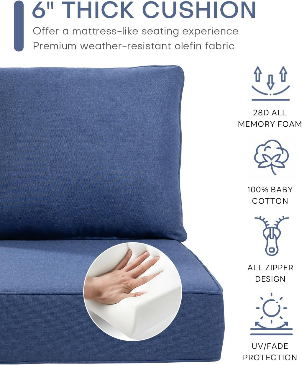 ACTREST Outdoor Seat Cushion Set, 2 Count, Navy Blue, 24 x 24 x 6 in