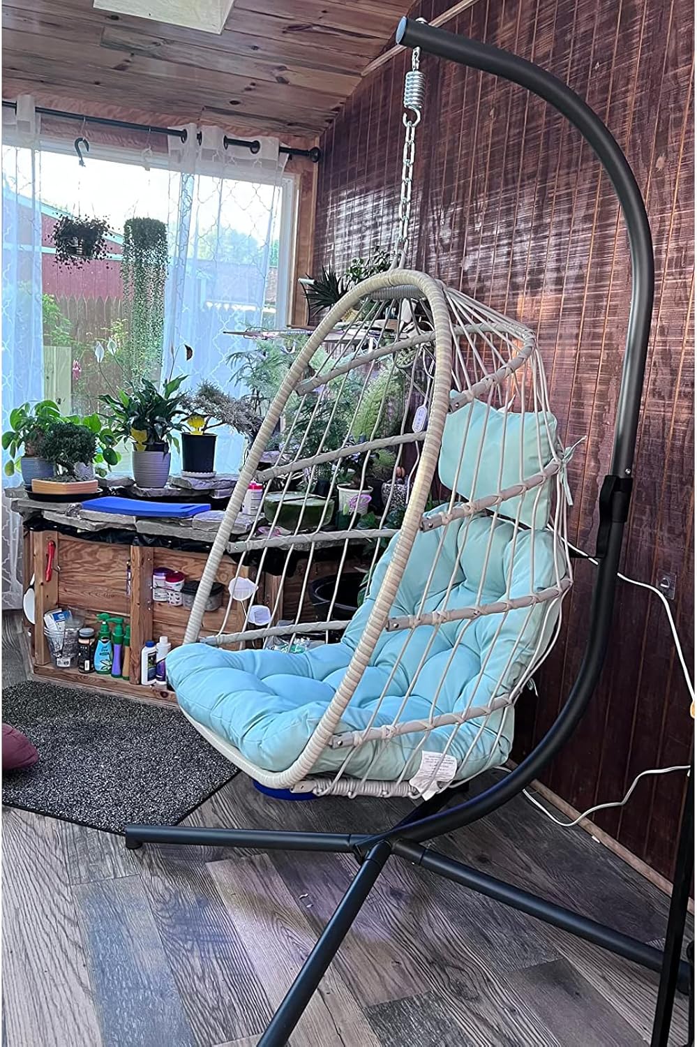 Yechen Indoor Outdoor Wicker Hanging Egg Chair With Stand, 38 x 38 x 78 Inches, 350 lbs, Charcoal Grey - EG-001