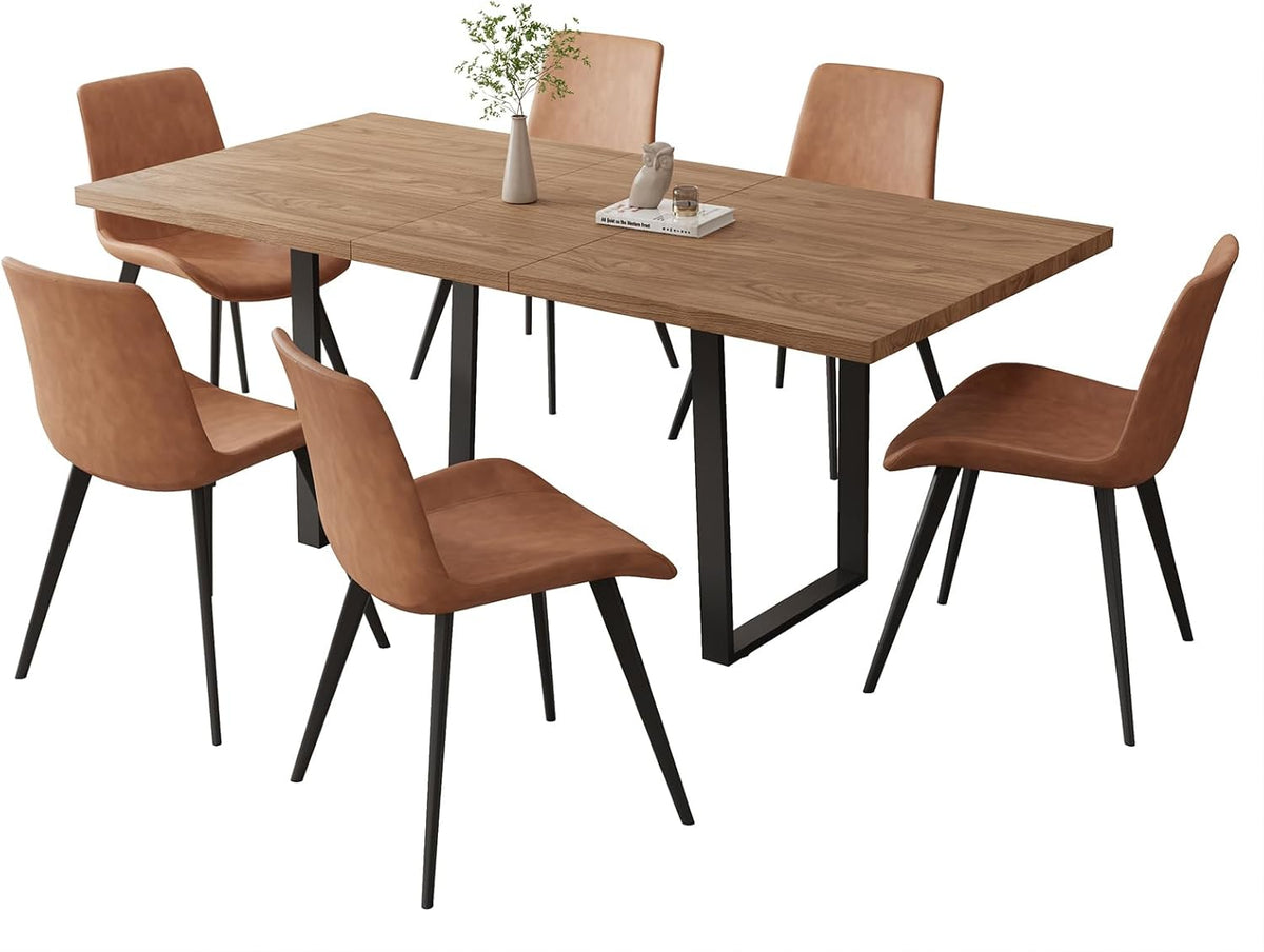 ZckyCine Expandable Walnut Dining Table With 6 Upholstered Chairs, 7-Piece Set - 67 inch
