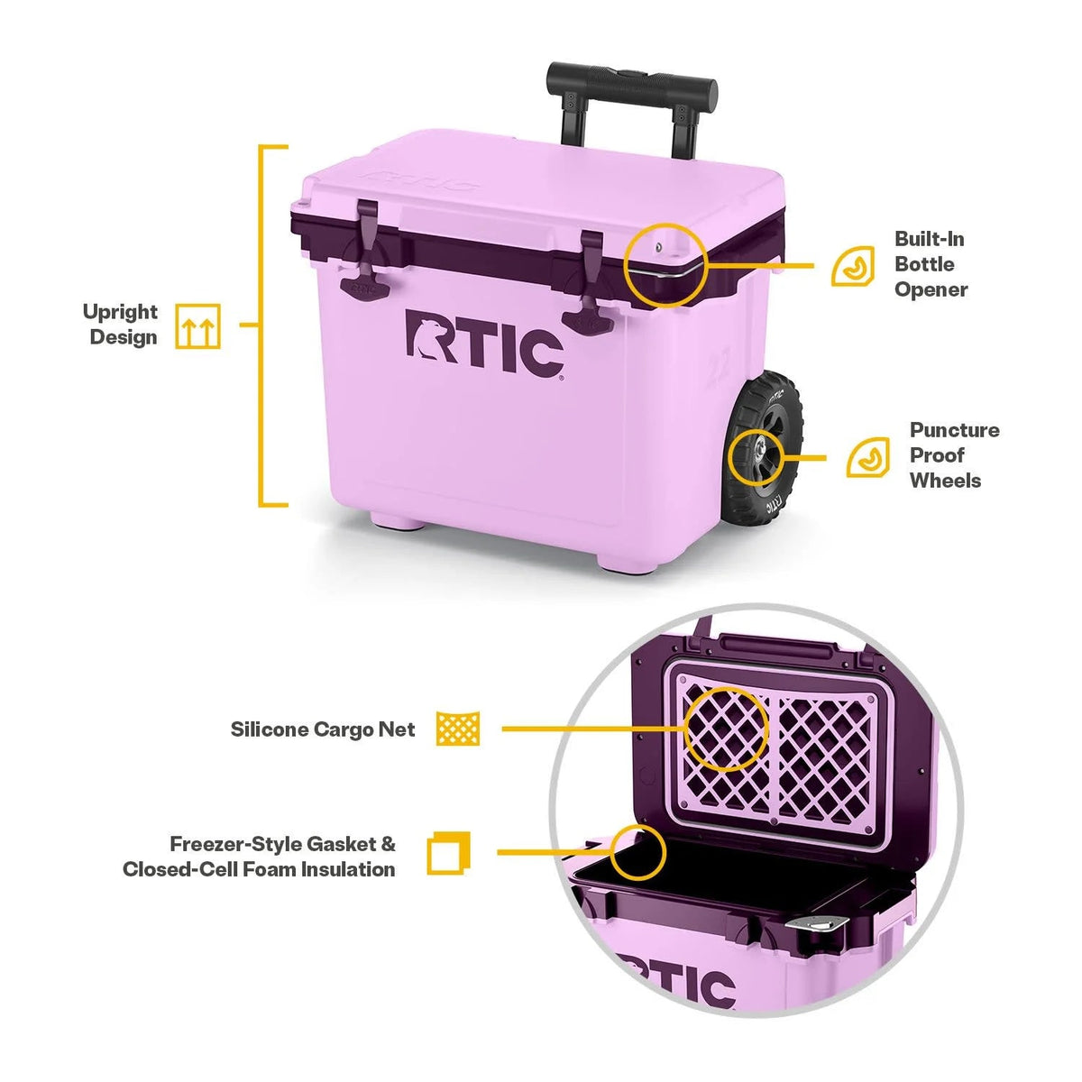 RTIC Ultra-Light Wheeled Hard-Sided Cooler, 22 QT, Fits 28 Cans or 6 Wine Bottles, White & Grey