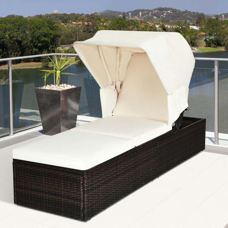 Cushioned Rattan Outdoor Chaise Lounge Chair With Folding Canopy, Flip-Up Tea Table And 5 Positions