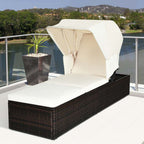 Cushioned Rattan Outdoor Chaise Lounge Chair With Folding Canopy, Flip-Up Tea Table And 5 Positions