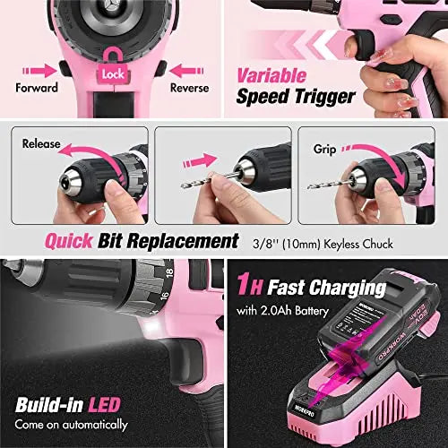 WORKPRO Pink Household Tool Kit With 20V Cordless Lithium-ion Drill Driver