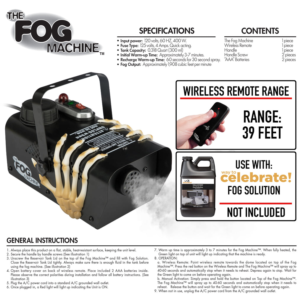 400W Skeleton Hands Fog Machine with Remote Control, Black, Halloween by Way To Celebrate