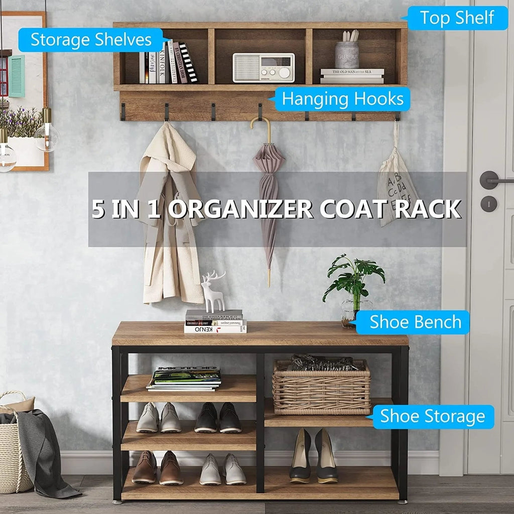 5-in-1 Entryway Hall Tree With Coat Rack, Shoe Bench, 7 Hooks, 3 Cubbies And 3-Tier Shoe Rack
