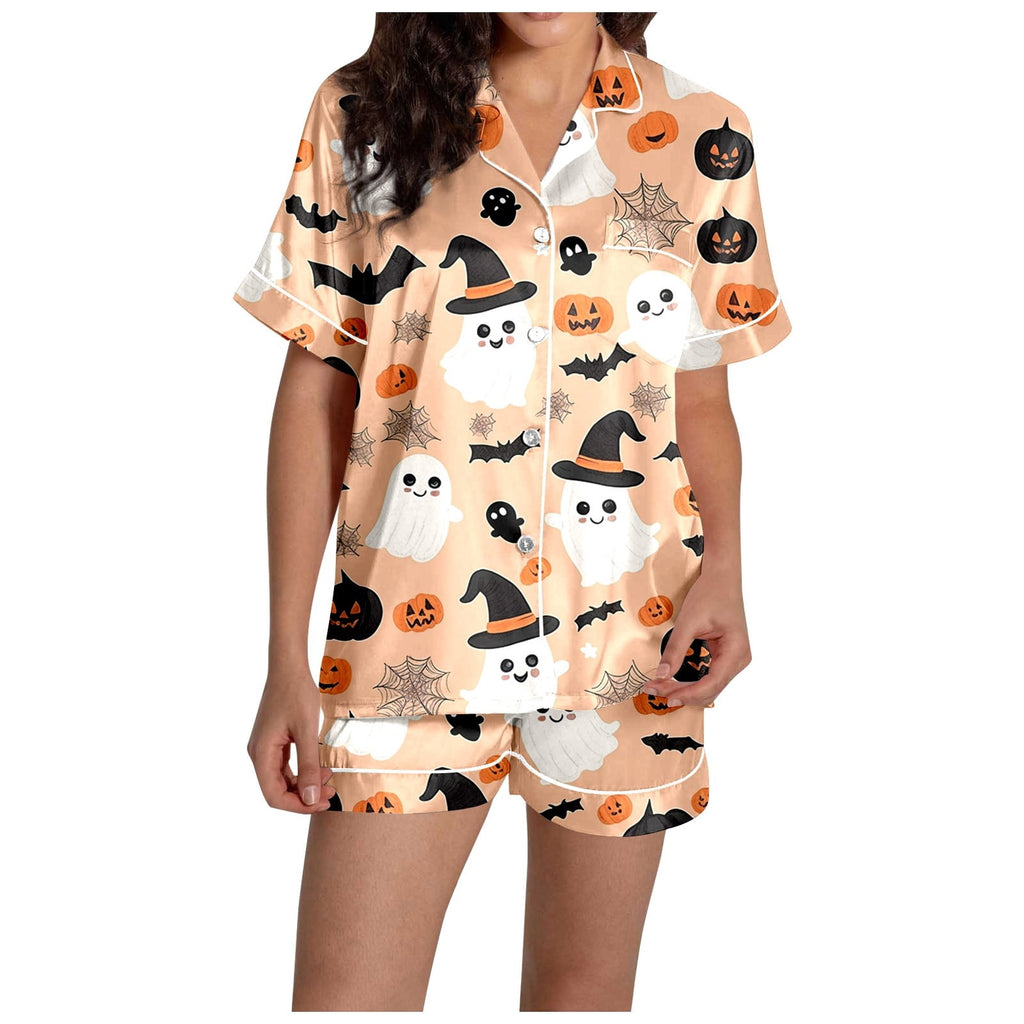 MEZZALL Women Halloween Printed Pajama With Lapel Collar Short Sleeve Tops And Shorts For Home Wear Cozy For Lightweight And Breathable Comfort Relaxed Fit 2 Piece Pjs