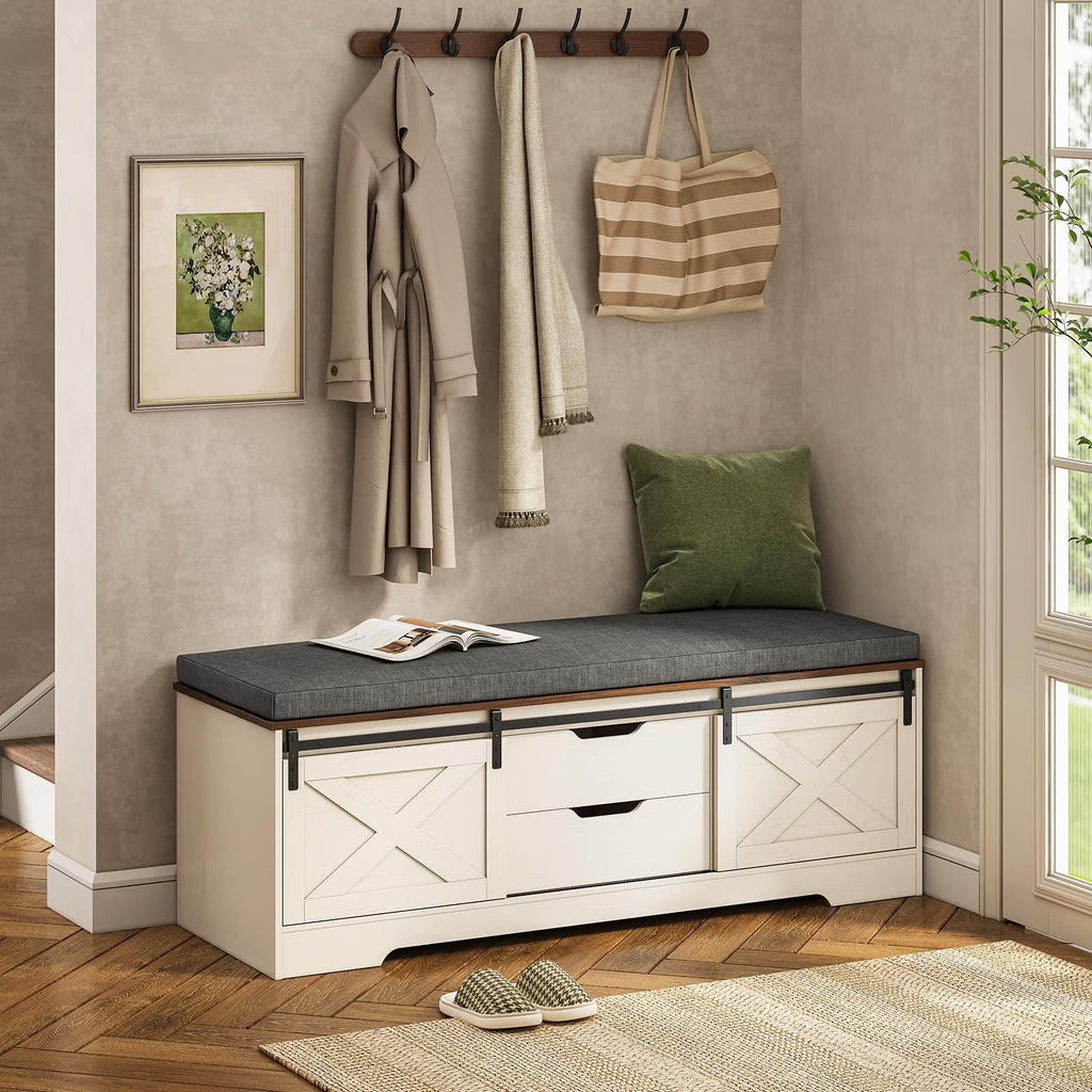 Farmhouse Shoe Storage Bench With Cushion, 31.4in, Metal Barn Door, Old White