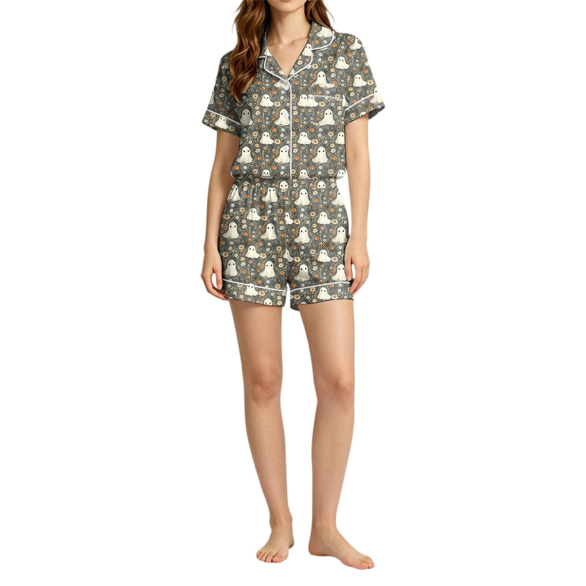 MEZZALL Women Halloween Printed Pajama With Lapel Collar Short Sleeve Tops And Shorts For Home Wear Cozy For Lightweight And Breathable Comfort Relaxed Fit 2 Piece Pjs