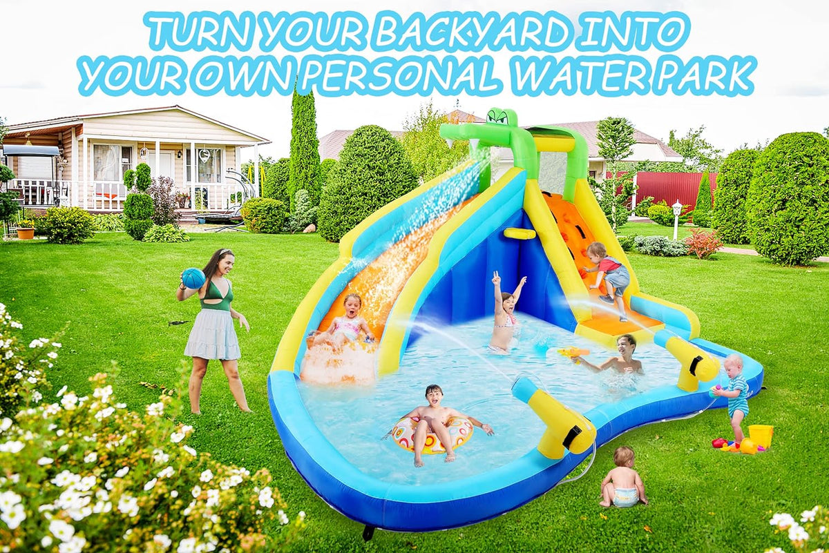 ROOJER Inflatable Water Slide Bounce House 8-in-1 With 450W Blower - Crocodile Water Park
