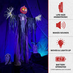 Haunted Hill Farm Life-Size Poseable 6.7-Ft. Pumpkin Scarecrow with Lights and Sound, Indoor or Covered Outdoor Halloween Decoration