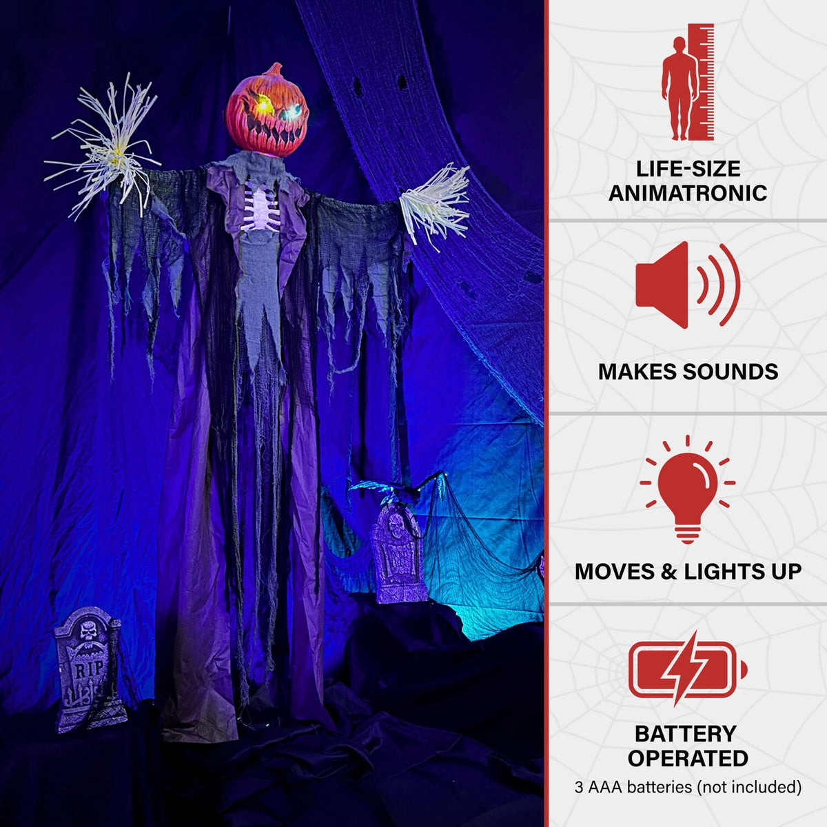 Haunted Hill Farm Life-Size Poseable 6.7-Ft. Pumpkin Scarecrow with Lights and Sound, Indoor or Covered Outdoor Halloween Decoration