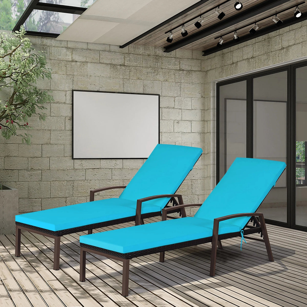 Costway 2 PCS Patio Rattan Chaise Lounge Chairs With Adjustable Backrest And Cushions - Red
