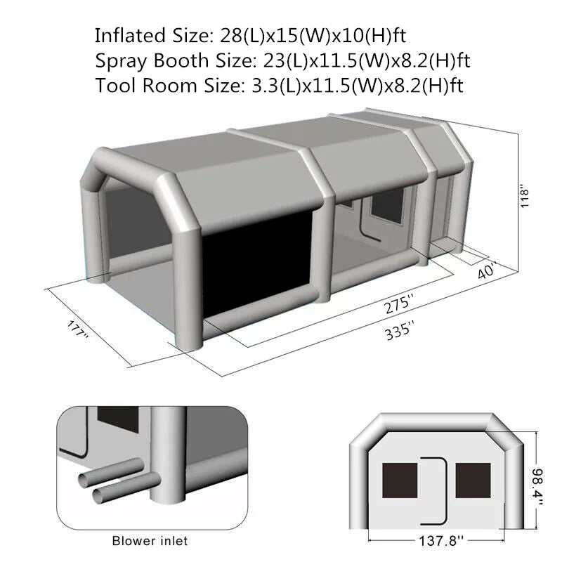 Inflatable Spray Paint Booth Tent 28X15X10FT With Two Blowers - 950W+280or380W