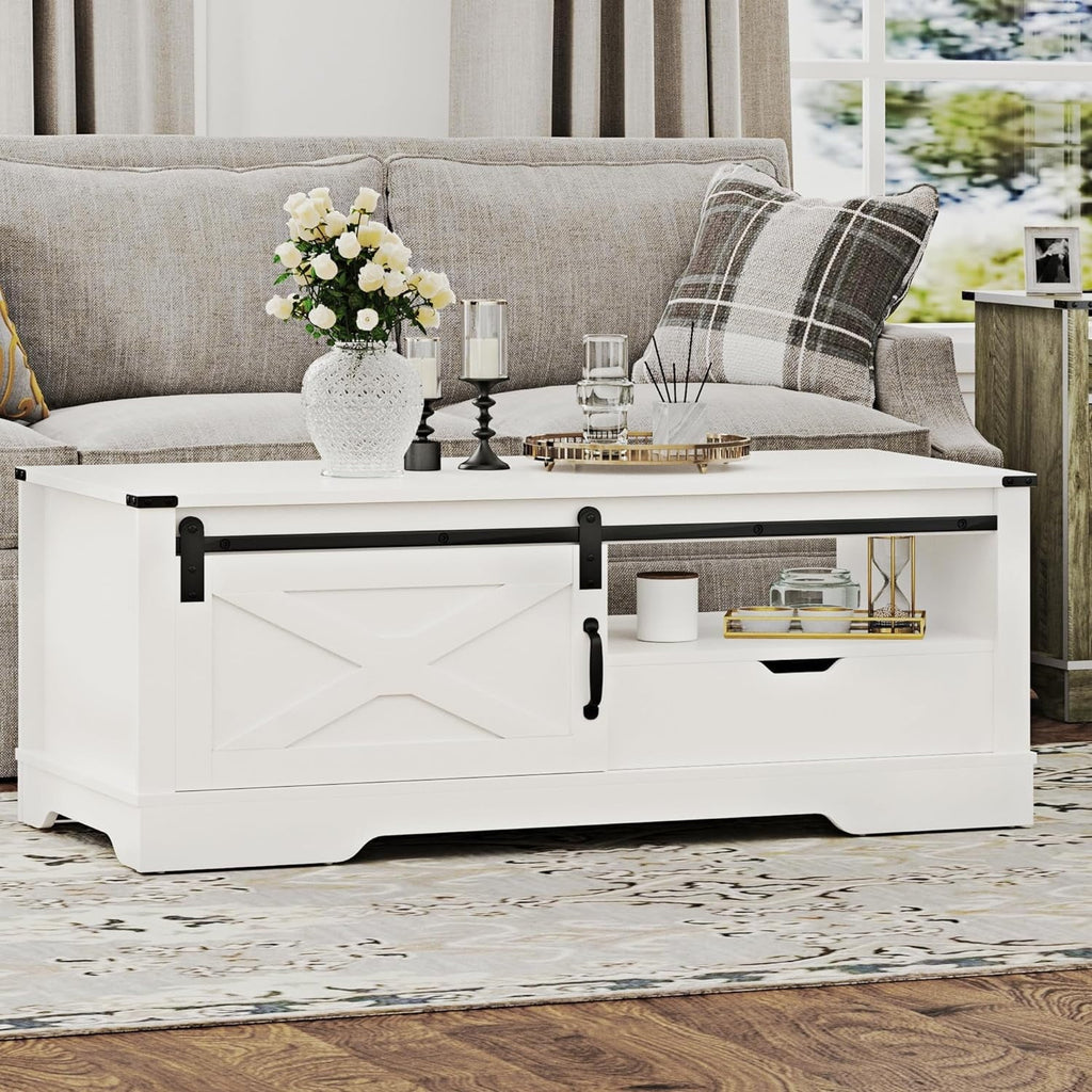 Farmhouse Coffee Table With Storage And Sliding Barn Door, 48 in, White