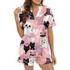 Hpapadks Halloween Pajamas Women Silk Graphic Button Down Short Sleeve Shirts and Shorts 2 Piece Sleepwear Women Pjs Sets Light Pink