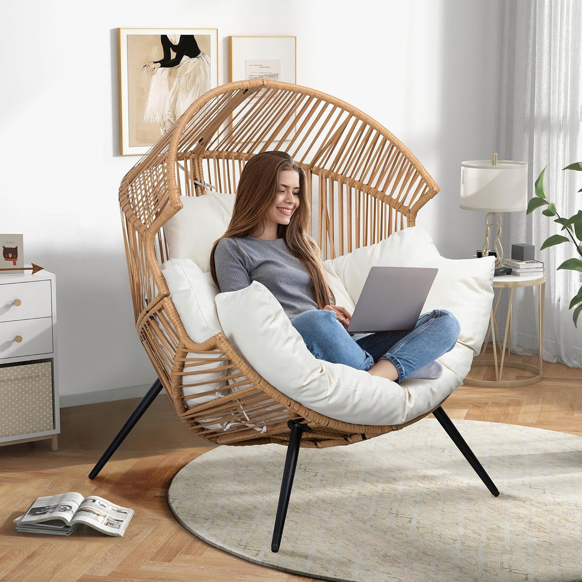 Shintenchi Wicker Egg Chair With Cushion - 400 Pounds Capacity