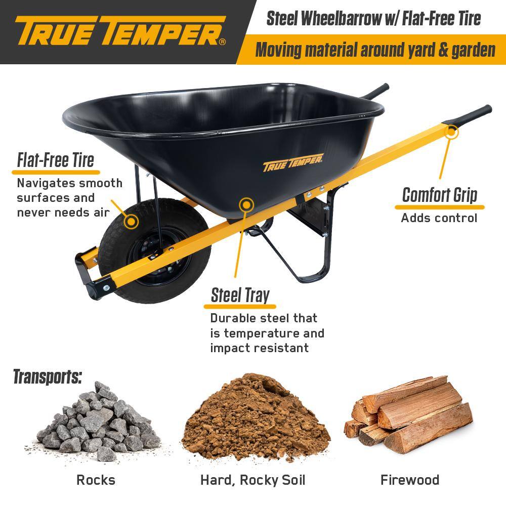 True Temper Steel Wheelbarrow 6 cu. ft. With Never Flat Tire And Steel Handles - R6STFFEC