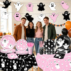 50/73/93Pcs Halloween Boo Party Tableware Supplies Decorations, Spooky Ghost Plates Napkins Boo Ghost Tableware Tablecloth Banner for Halloween Birthday Party Boo Baby Shower Party Supplies