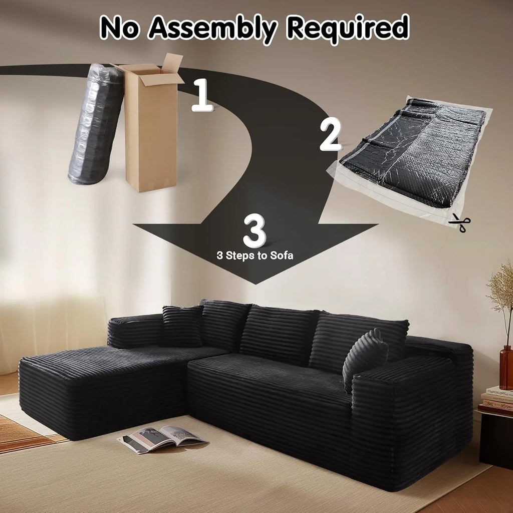 ovios 104in L-Shape Sectional Sofa With Chaise, Grey Plush Corduroy Fabric