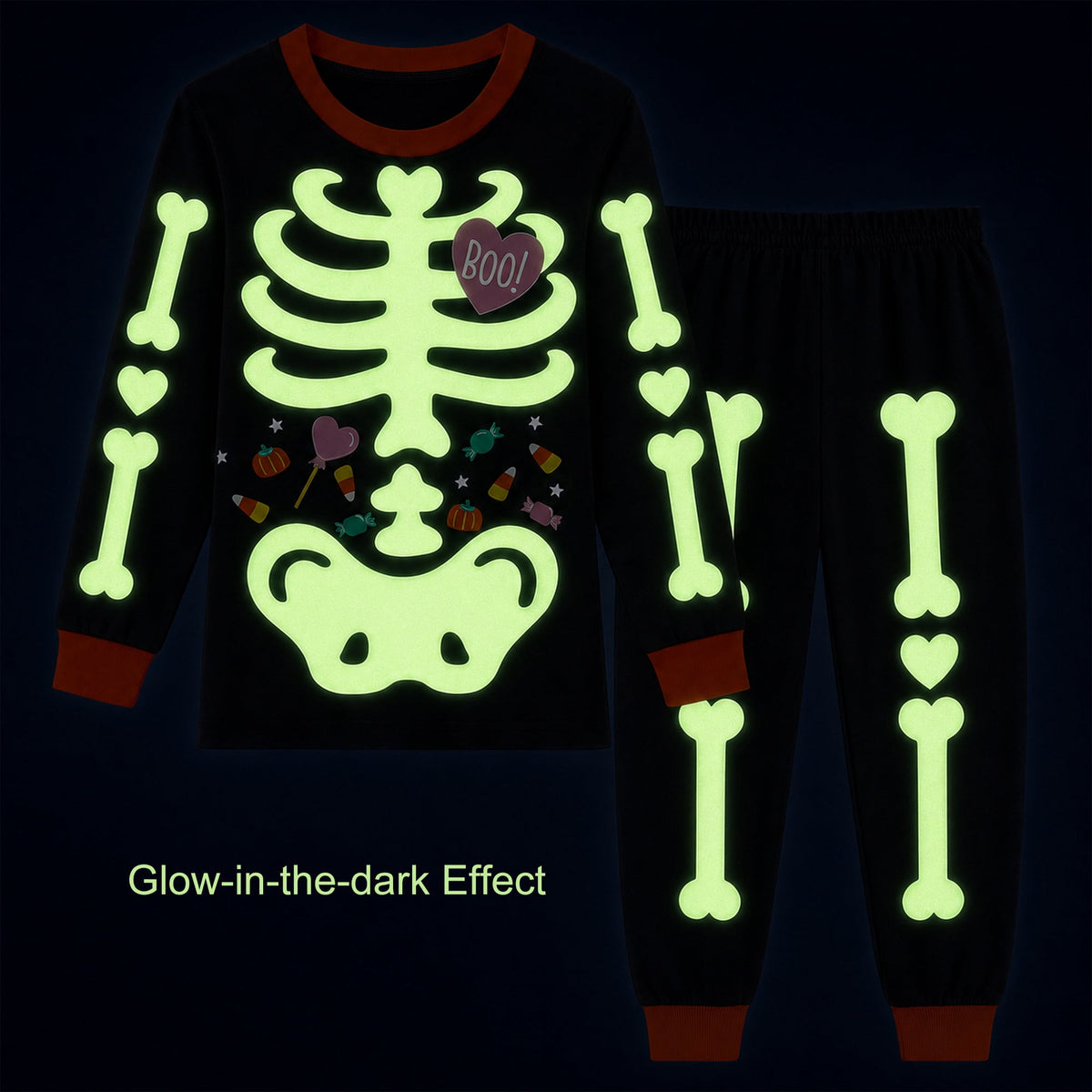 Rimyaw Kids Halloween Pajamas Set, Glow in the Dark Skeleton Sleepwear, 2-Piece cottom Long Sleeve PJs for Boys and Girls, Black