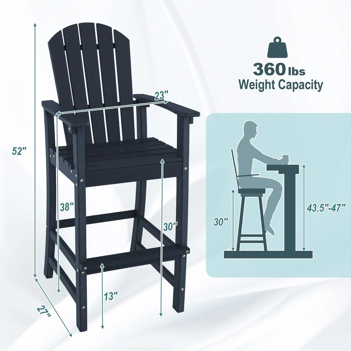 Outdoor HDPE Tall Adirondack Counter Height Bar Stool With Armrests And Footrest - 30Quot